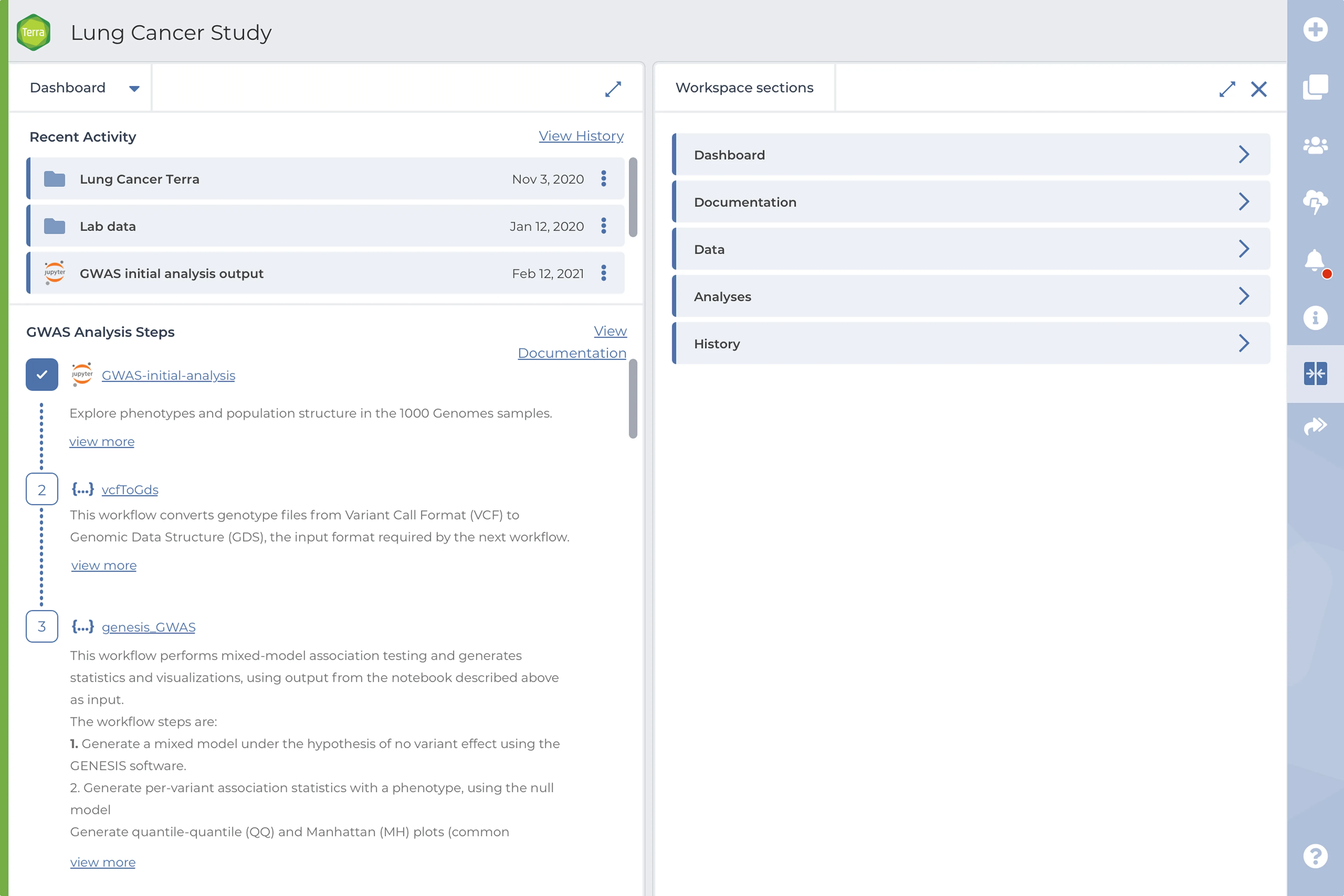 The Terra vision prototype: a Lung Cancer Study workspace, its dashboard of recent activity and GWAS analysis steps beside the workspace sections